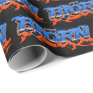Papier Cadeau Björn prénom Graffiti blue orange