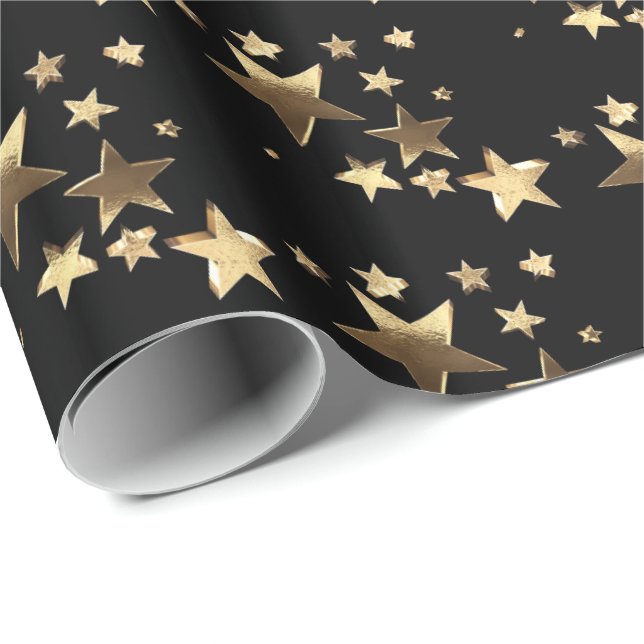 Papier Cadeau Black and Gold Christmas Stars Motif Ajouter un te (Coin rond)