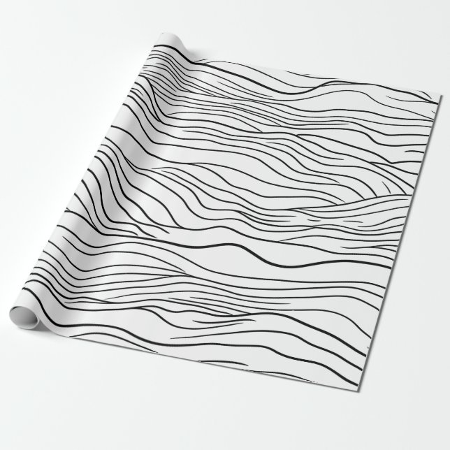 Papier Cadeau Black and White Hand-Drawn Wavy Line Pattern (Déroulé)