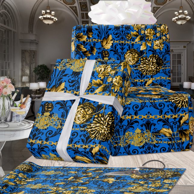 Papier Cadeau Black Blue Or Floral Acanthus Chains Leaf Luxe (Créateur téléchargé)