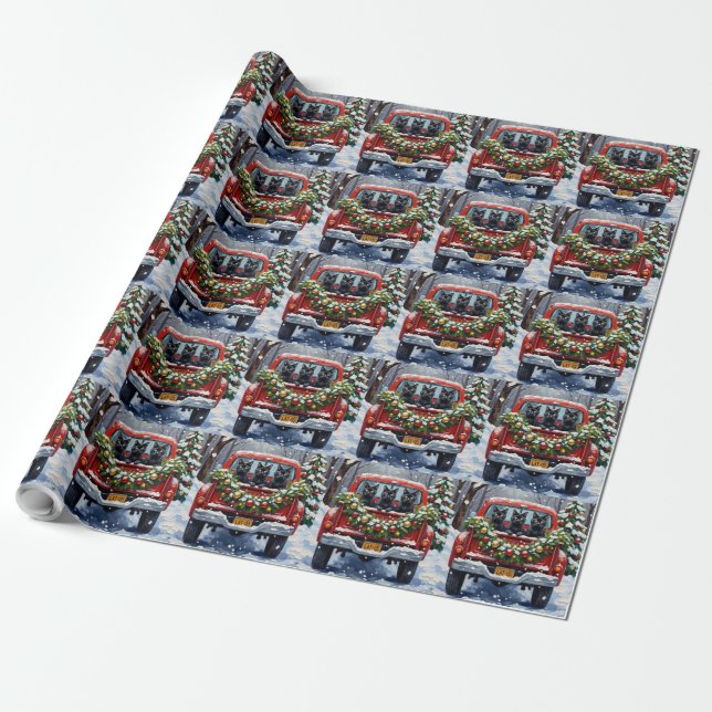 Papier Cadeau Black Cat Christmas Red Truck Holiday (Déroulé)