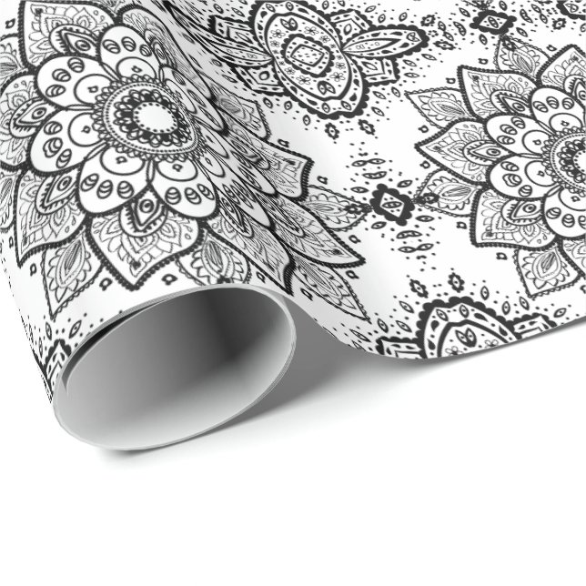 Papier Cadeau Black Floral Paisley Mandala Motif (Coin rond)