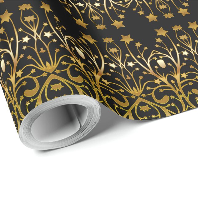 Papier Cadeau Black Gold Brown Elegant Chic Stars Motif (Coin rond)
