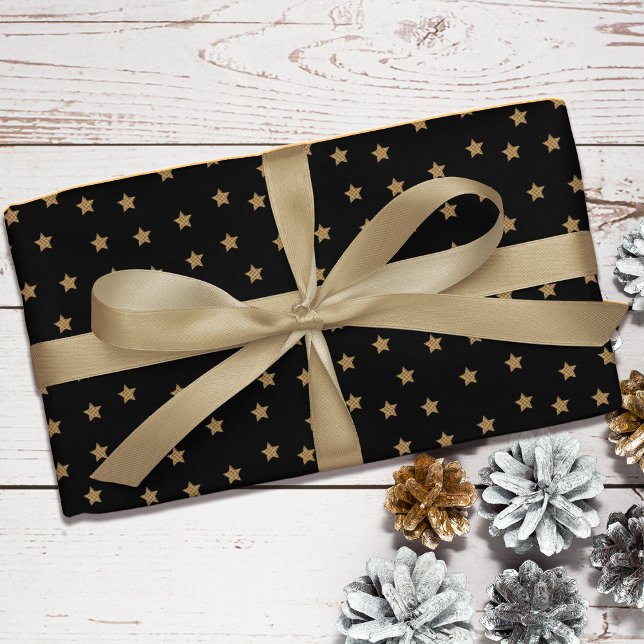 Papier Cadeau Black Gold Doodle Star Motif Noël (Créateur téléchargé)