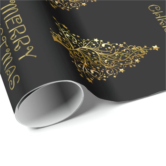 Papier Cadeau Black Gold Elegant Chic Christmas Tree Stars (Coin rond)