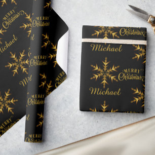 Papier Cadeau Black Gold Snowflake Ajouter un nom Joyeux Noël