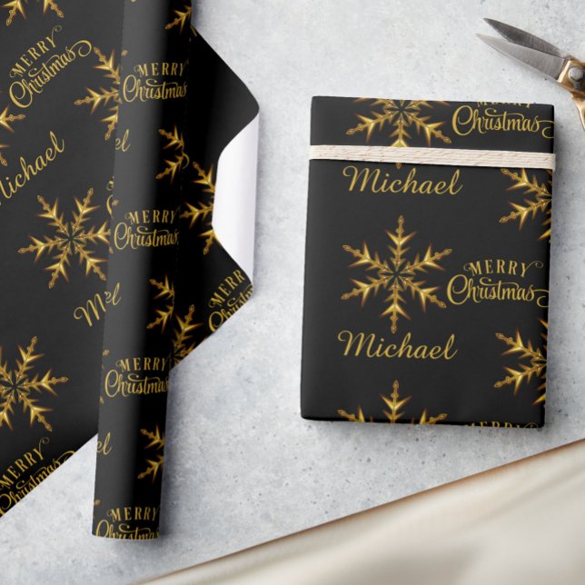 Papier Cadeau Black Gold Snowflake Ajouter un nom Joyeux Noël (Créateur téléchargé)