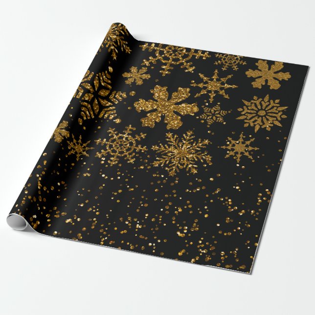 Papier Cadeau Black & Gold Snowflakes Étoiles Joyeux Noël (Déroulé)