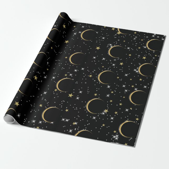 Papier Cadeau Black Gold Stars Lune Magie Anniversaire (Déroulé)