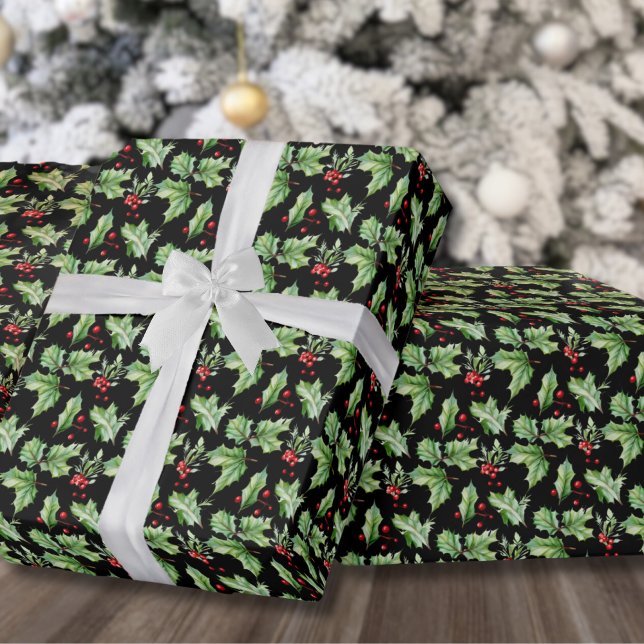 Papier Cadeau Black Holly Christmas (Festive Black Holly Berries Christmas Wrapping Paper)