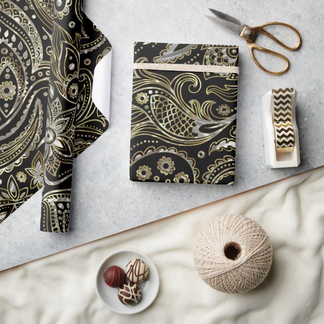 Papier Cadeau Black & Metallic Silver & Gold Floral Paisley (Artisanat)