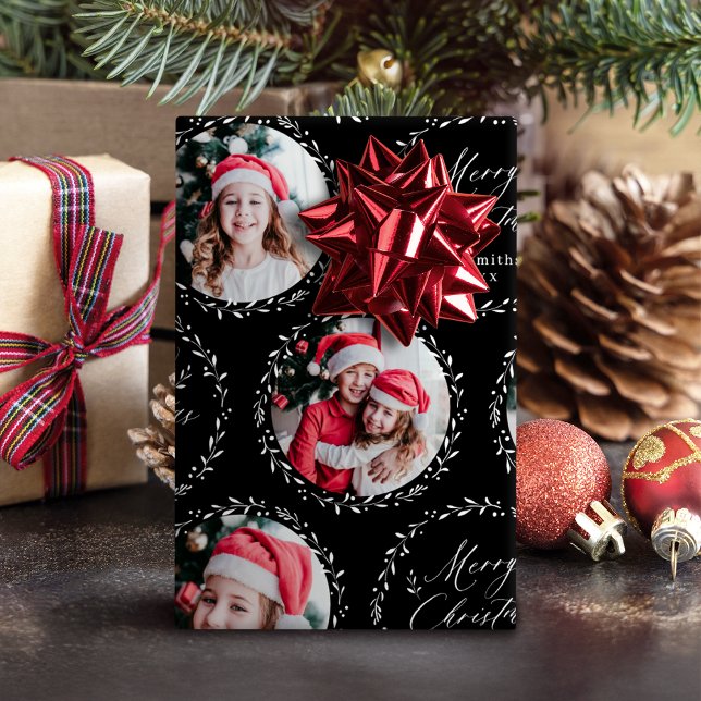 Papier Cadeau Black Modern Script Merry Christmas Family 6 photo (Black Modern Script Merry Christmas Family 6 photo Wrapping Paper)