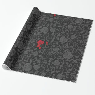 Papier Cadeau Black on Black Red Rose Moderne Damask Floral