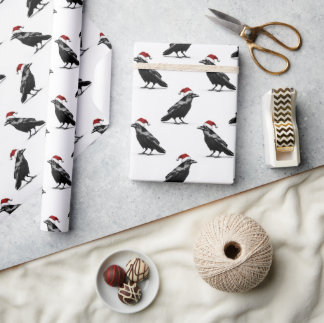 Papier Cadeau Black raven crow with red santa hat pattern