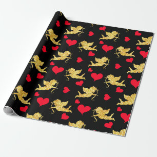 Papier Cadeau Black Red Gold Heart Motif mignonne Saint Valentin