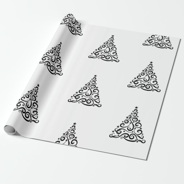 Papier Cadeau Black Swirls Christmas Trees on White (Déroulé)
