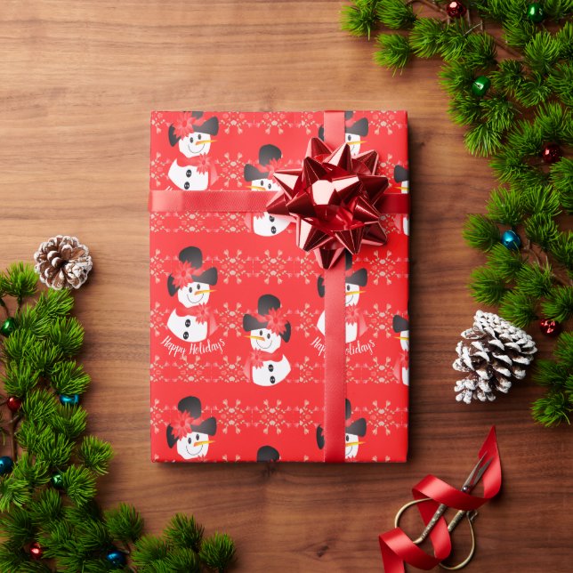 Papier Cadeau Black White et Red Happy Holidays Snowman (Cadeau de vacances)