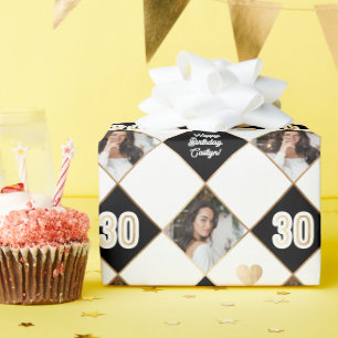 Papier Cadeau Black White & Gold Photo moderne 30e anniversaire