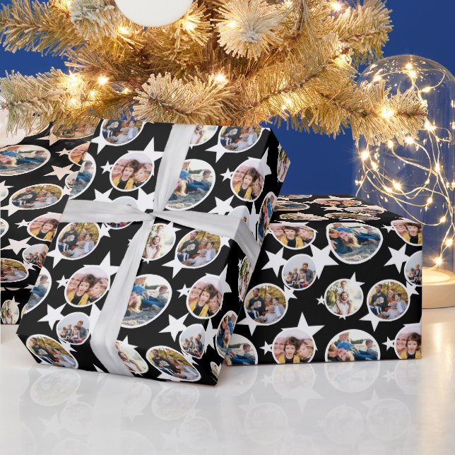 Papier Cadeau Black White Stars Stripes Round Photos Christmas (Vacances)