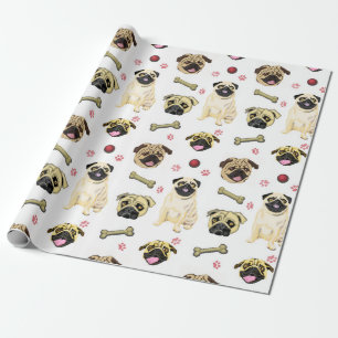 Papier cadeau blanc avec têtes de Pug