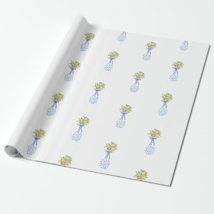 Papier Cadeau Blanc Bleu Chinoiserie Noël Orange Topiary