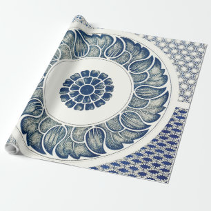 Papier Cadeau Blanc bleu Floral chinois rond