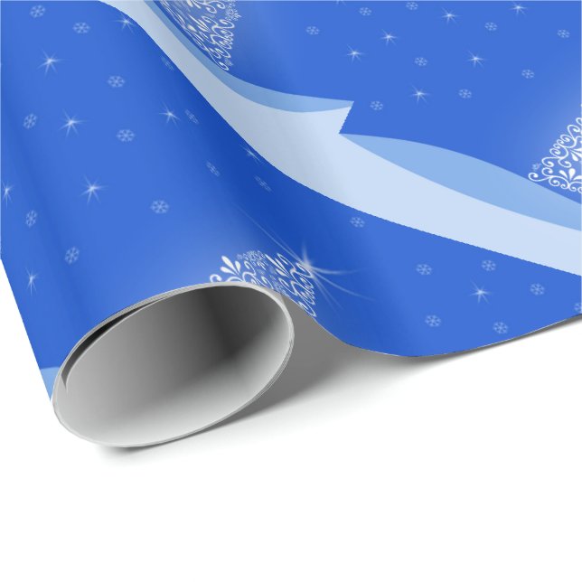 Papier Cadeau Blanc Bleu Joyeux Arbre de Noël Motif avec étoiles (Coin rond)