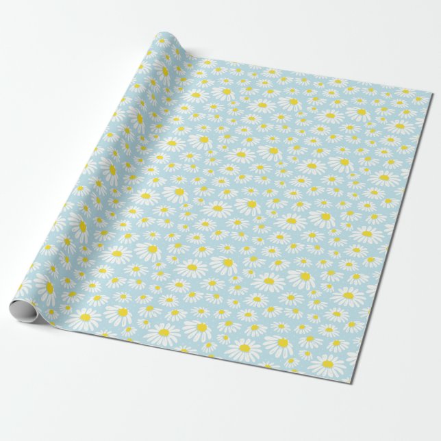 Papier Cadeau Blanc bleu marguerite Arrière - plan sans couture (Déroulé)