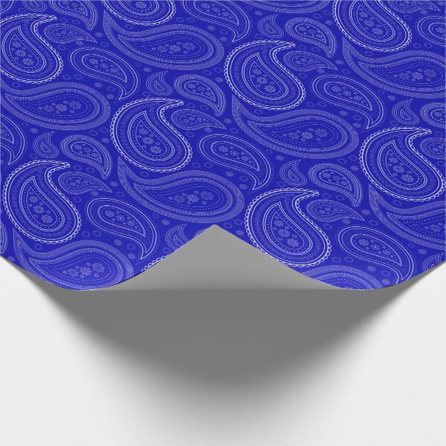 Papier Cadeau Blanc de Paisley sur le papier d'emballage de bleu (Coin)