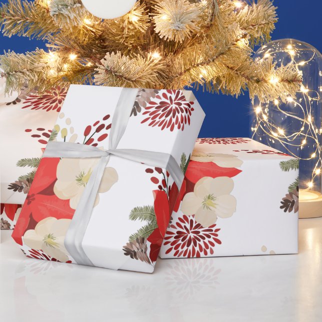 Papier Cadeau Blanc Elégant vacances Floral Pinecone Bouquet Wra (Vacances)