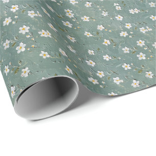 Papier Cadeau Blanc Floral Dusty Green