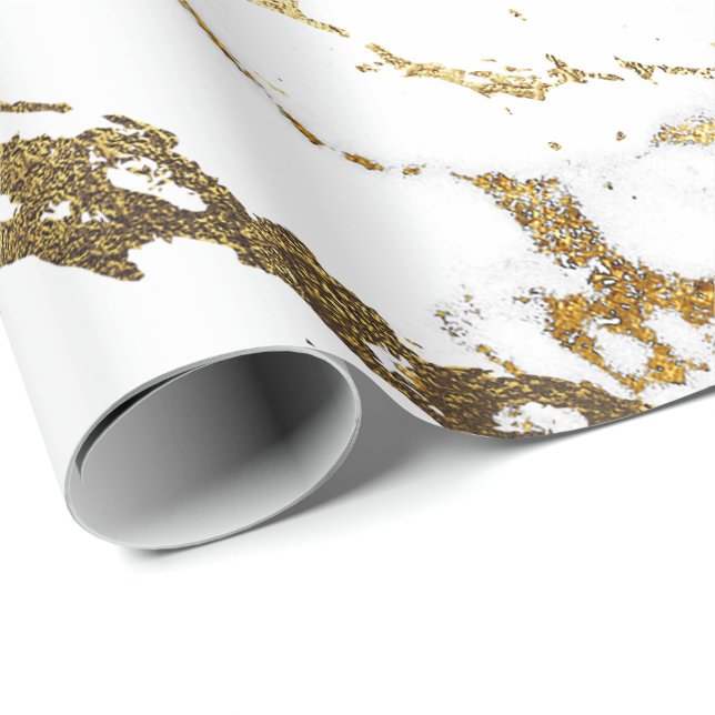 Papier Cadeau Blanc Golden Stroke Marble brillant VIP Abstrait (Coin rond)