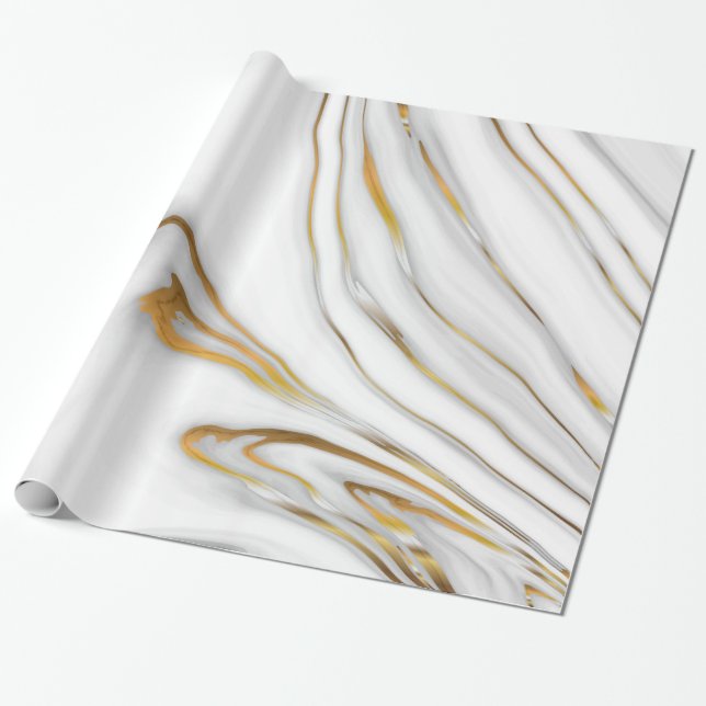 Papier Cadeau Blanc Marbré Avec Du Grain D'Or (Déroulé)