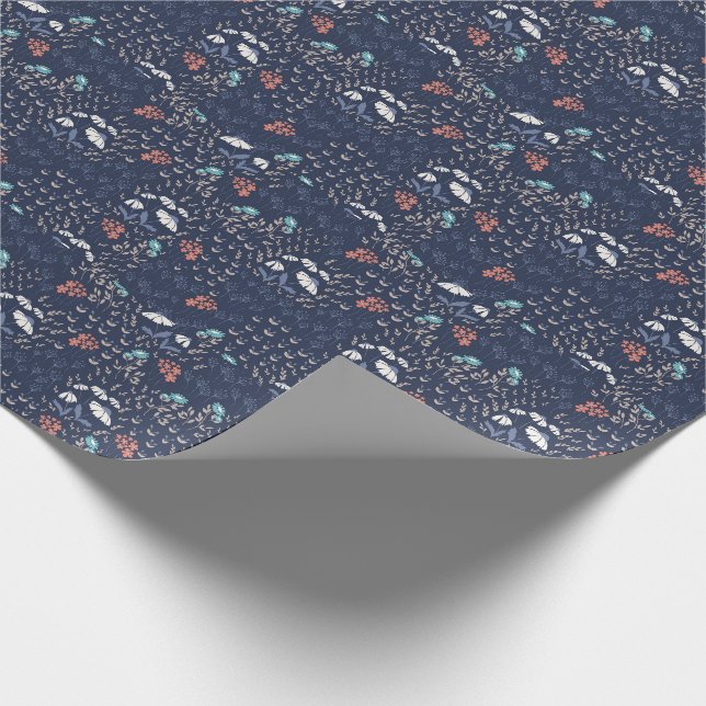 Papier Cadeau blanc marguerite imprimé floral sur marine bleu ar (Coin)