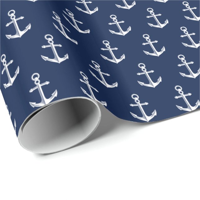 Papier Cadeau Blanc nautique de marine de motif d'Ancre (Coin rond)