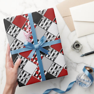 Papier Cadeau Blanc noir avec patchwork rétro rouge