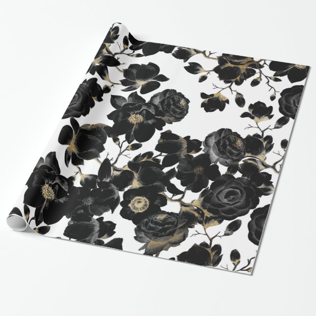 Papier Cadeau Blanc noir élégant moderne et motif floral d'or (Déroulé)