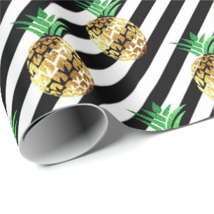 Papier Cadeau Blanc noir rayures tropicales fruit ananas or