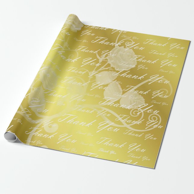 Papier Cadeau blanc, or, argent, merci, fleurs, fleurs, (Déroulé)