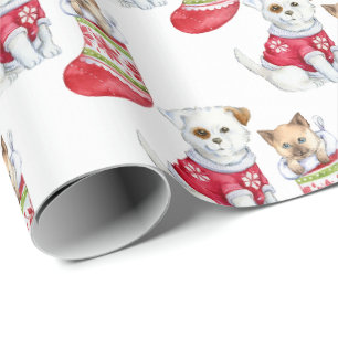 Papier Cadeau Blanc  Papier à enveloppement de Noël pour chiots 