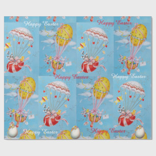 PAPIER CADEAU BLANC, POULET, BALLONS AVEC OEUFS DE PÂQUES