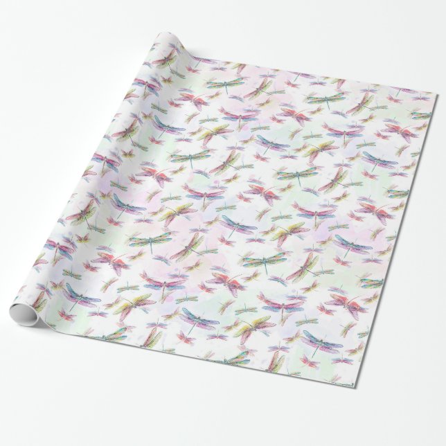 Papier Cadeau Blanc rose de jaune de lavande de libellules (Déroulé)