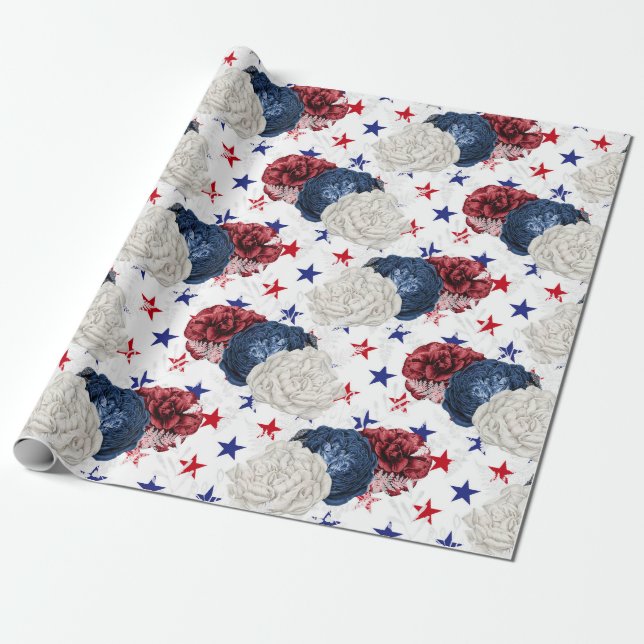 Papier Cadeau Blanc rouge et bleu 4 juillet Floral (Déroulé)