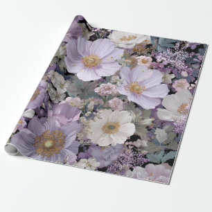 Papier Cadeau Blanc Rustique Fleurs Botaniques Violettes Floral