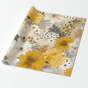 Papier Cadeau Blanc Rustique Jaune Botanique Floral Vintage