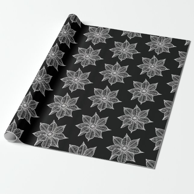 Papier Cadeau Blanc sur Fleurs croquantes noires (Déroulé)