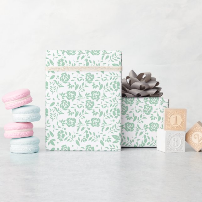 Papier Cadeau Blanc vert floral (Baby Shower)