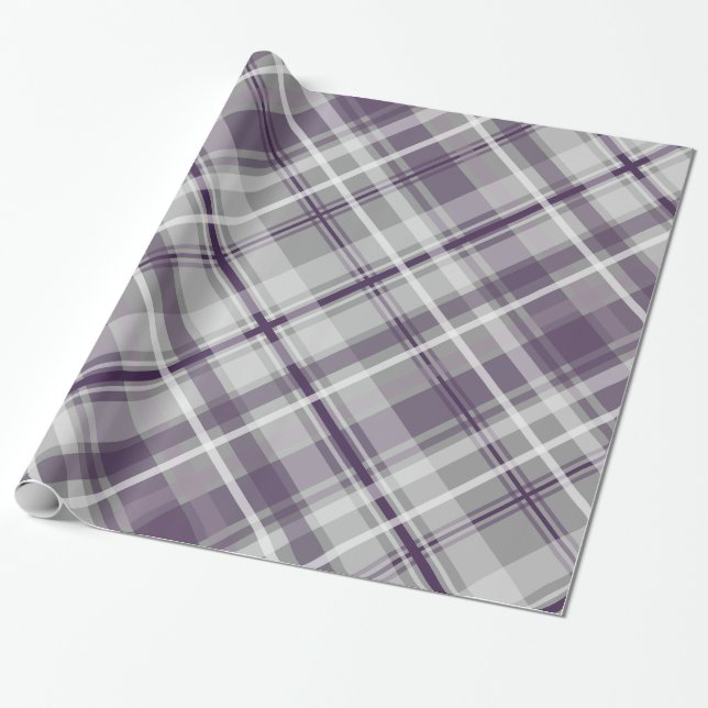 Papier Cadeau blanc violet gris plaid à motif (Déroulé)