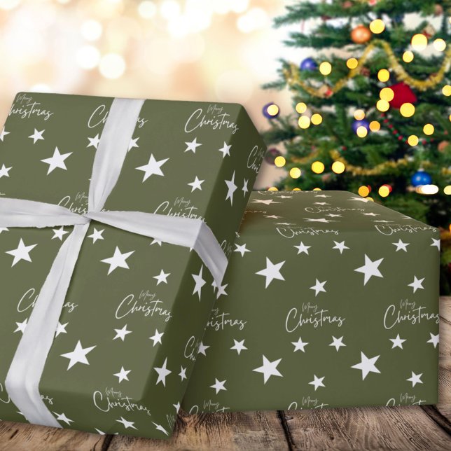 Papier Cadeau Blancs Joyeux Étoiles de Noël Sur Vert (Créateur téléchargé)