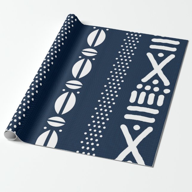 Papier Cadeau Bleu Africain Bogolan Textile Inspiré Enveloppemen (Déroulé)